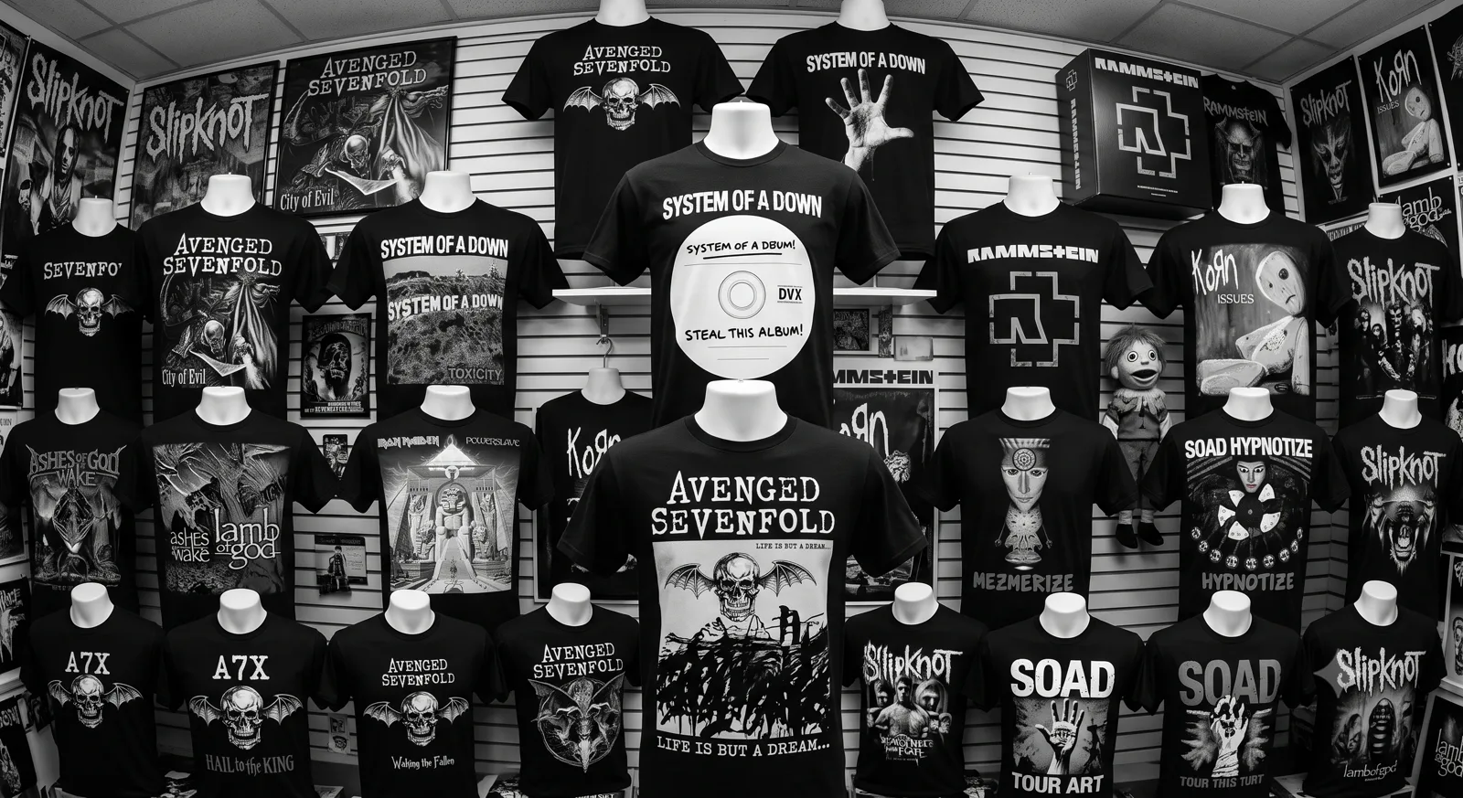 Parede de camisetas de banda na loja Rock For You